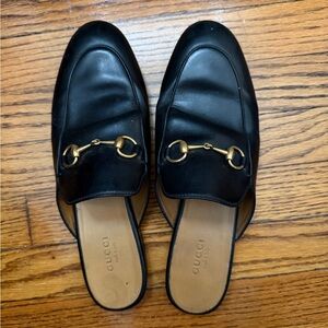 Gucci Black Leather Mules with Gold Hardware